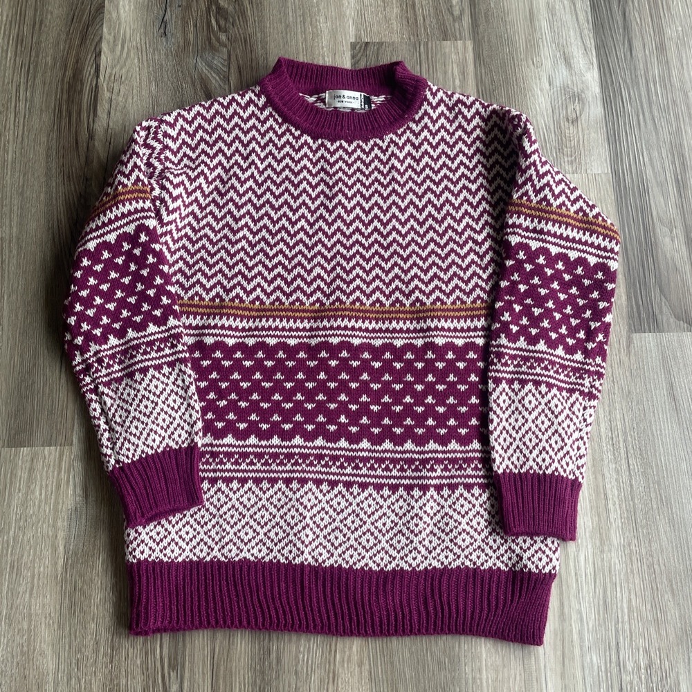 Vintage Jon & Anna ZIG ZAG Burgundy Womens S Fair‎ Isle Knit Sweater Lightweight
